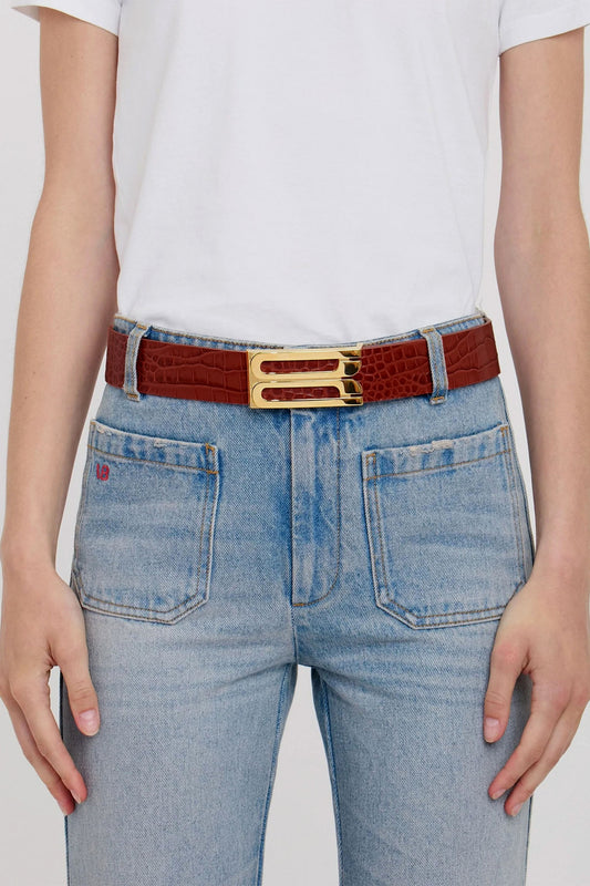 ベルト Victoria Beckham LEATHER BELT (1125ABL006370A BRICKRED) Jumbo Frame Belt In Brick Red Croc Embossed Leather