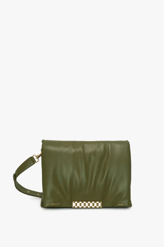 A green **Puffy Jumbo Chain Pouch In Khaki Leather** from **Victoria Beckham** with an adjustable shoulder strap and a decorative clasp in the front.