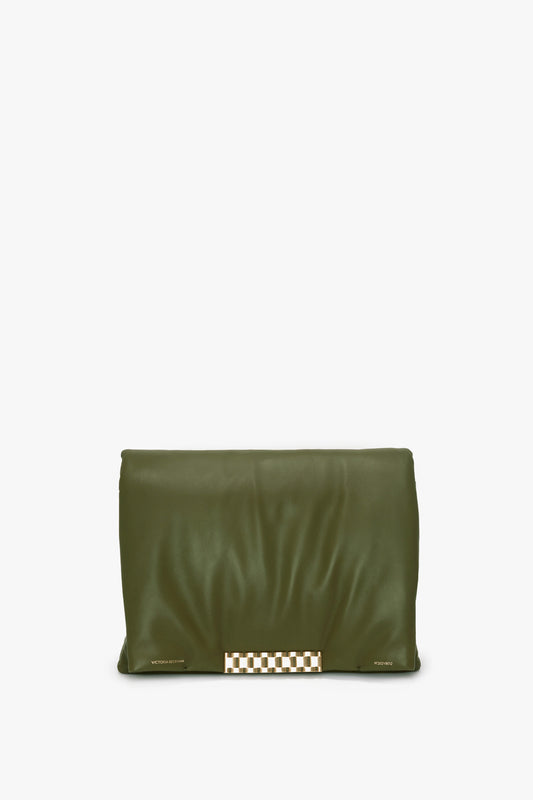Victoria Beckham Puffy Jumbo Chain Pouch In Khaki Leather with a soft, ruched design crafted from sheepskin nappa leather. Features a metallic rectangular clasp with a checkered pattern.