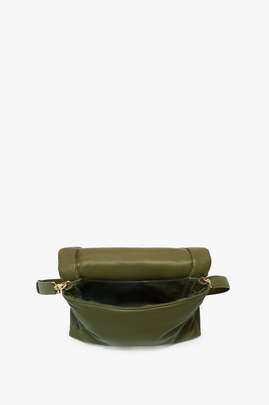 Image of an open, empty Puffy Jumbo Chain Pouch In Khaki Leather by Victoria Beckham, made from sheepskin nappa leather, viewed from above.
