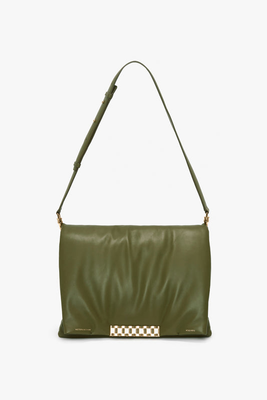 A Puffy Jumbo Chain Pouch In Khaki Leather by Victoria Beckham with a single adjustable shoulder strap and a gold clasp featuring a checkered design.