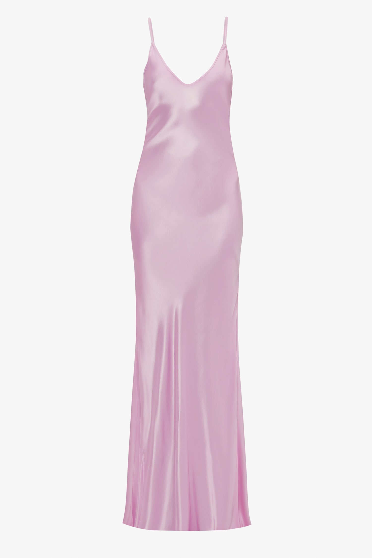 A floor-length, sleeveless Low Back Cami Floor-Length Dress in light pink satin with thin shoulder straps and a V-neckline, reminiscent of Victoria Beckham's chic style.