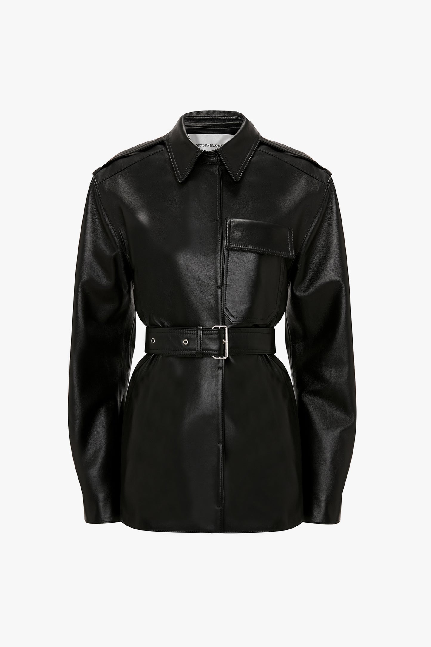 Belted Boxy Leather Jacket In Black