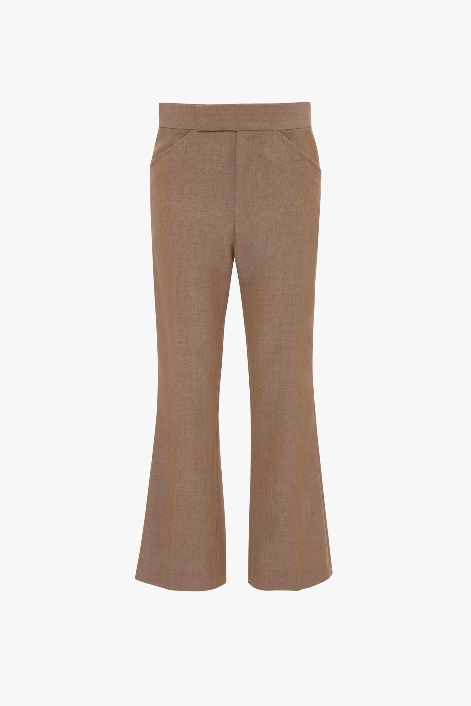 A pair of 1970s-inspired brown flared dress pants with a structured waistband, front seams, and a flattering hint of ankle at the bottom has been replaced with the Wide Cropped Flare Trouser In Tobacco by Victoria Beckham.