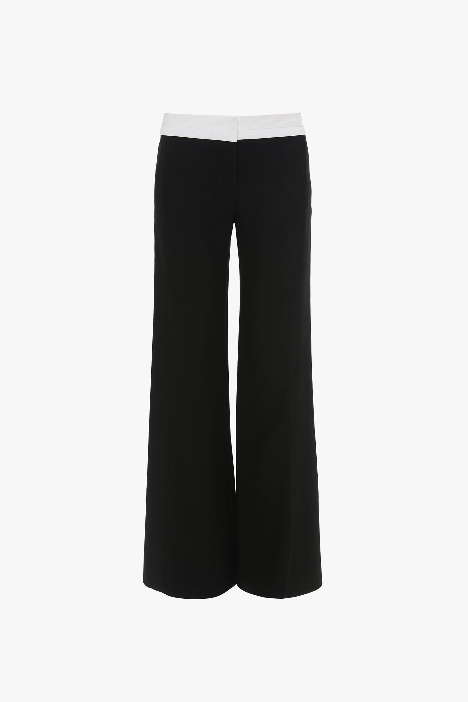 A Victoria Beckham Side Panel Trouser In Black with a white waistband and a wide-leg design, displayed on a white background.