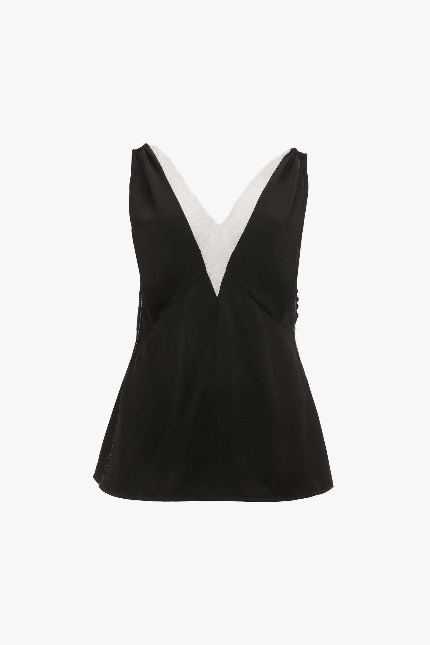 A Lace Detail Cami Top In Black crafted from crepe back satin, featuring elegant white detailing along the neckline by Victoria Beckham.