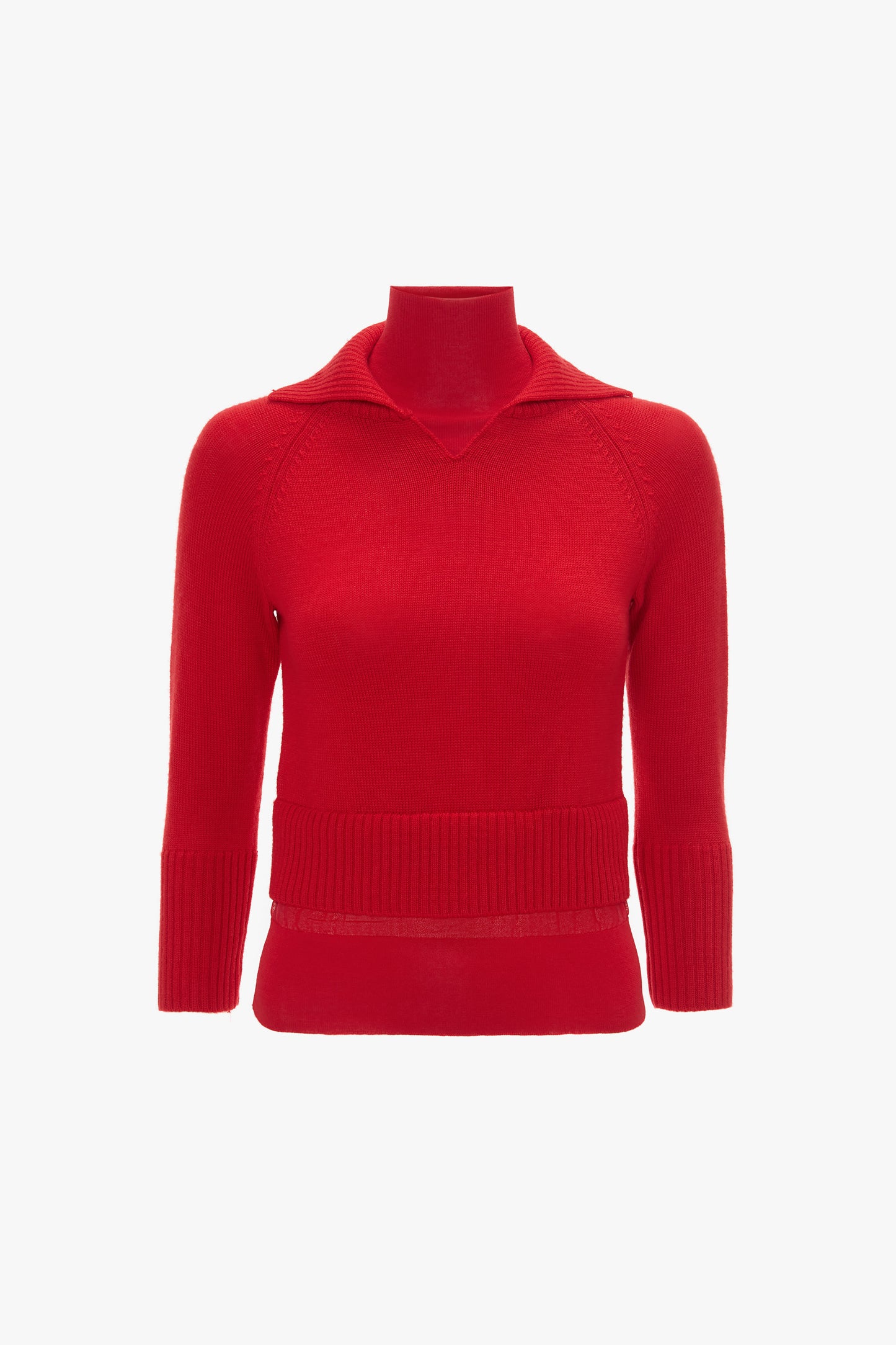 Victoria Beckham's Double Layer Top In Deep Red with a V-neck collar, ribbed cuffs, and hem, crafted from luxurious merino wool.