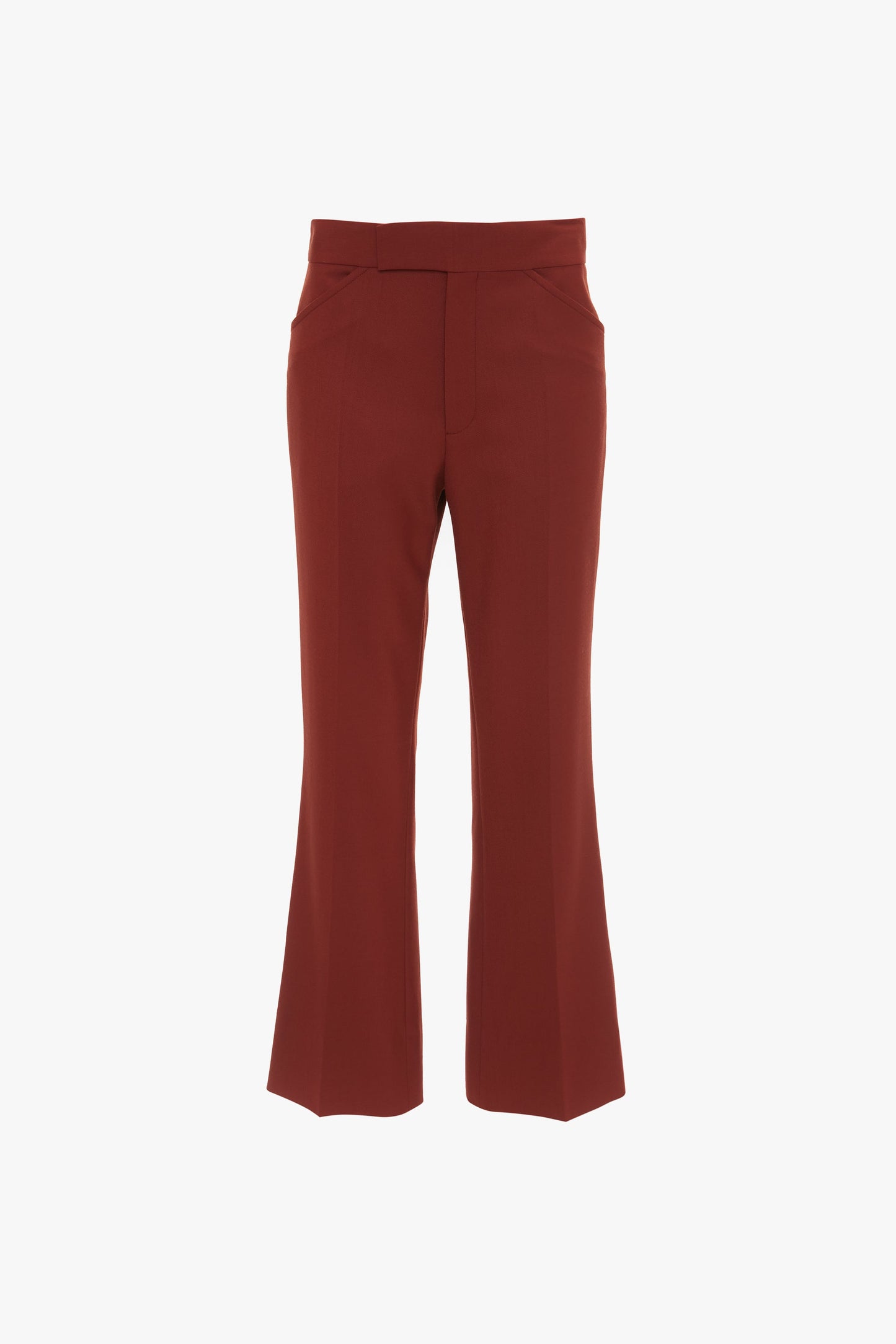A pair of Wide Cropped Flare Trouser In Russet by Victoria Beckham, with a fitted waistband and front pockets, displayed against a white background.