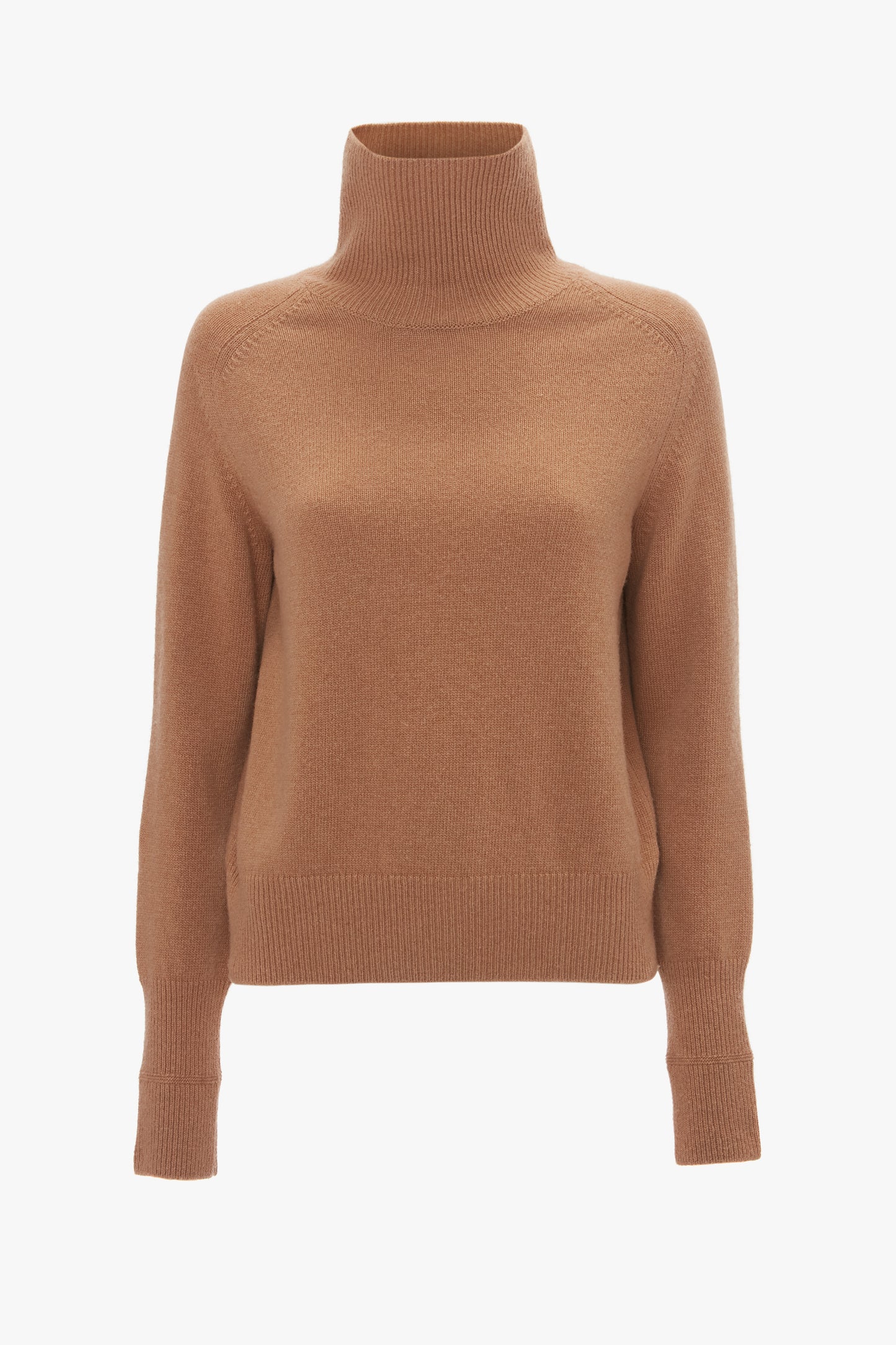 A luxury Polo Neck Jumper In Tobacco by Victoria Beckham isolated on a white background.