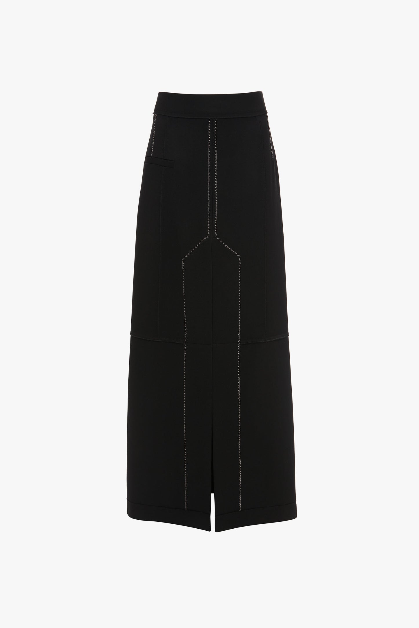 A Deconstructed Floor-Length Skirt In Black by Victoria Beckham with contrasting white stitching, featuring a high waist and front slit for an elongating silhouette.