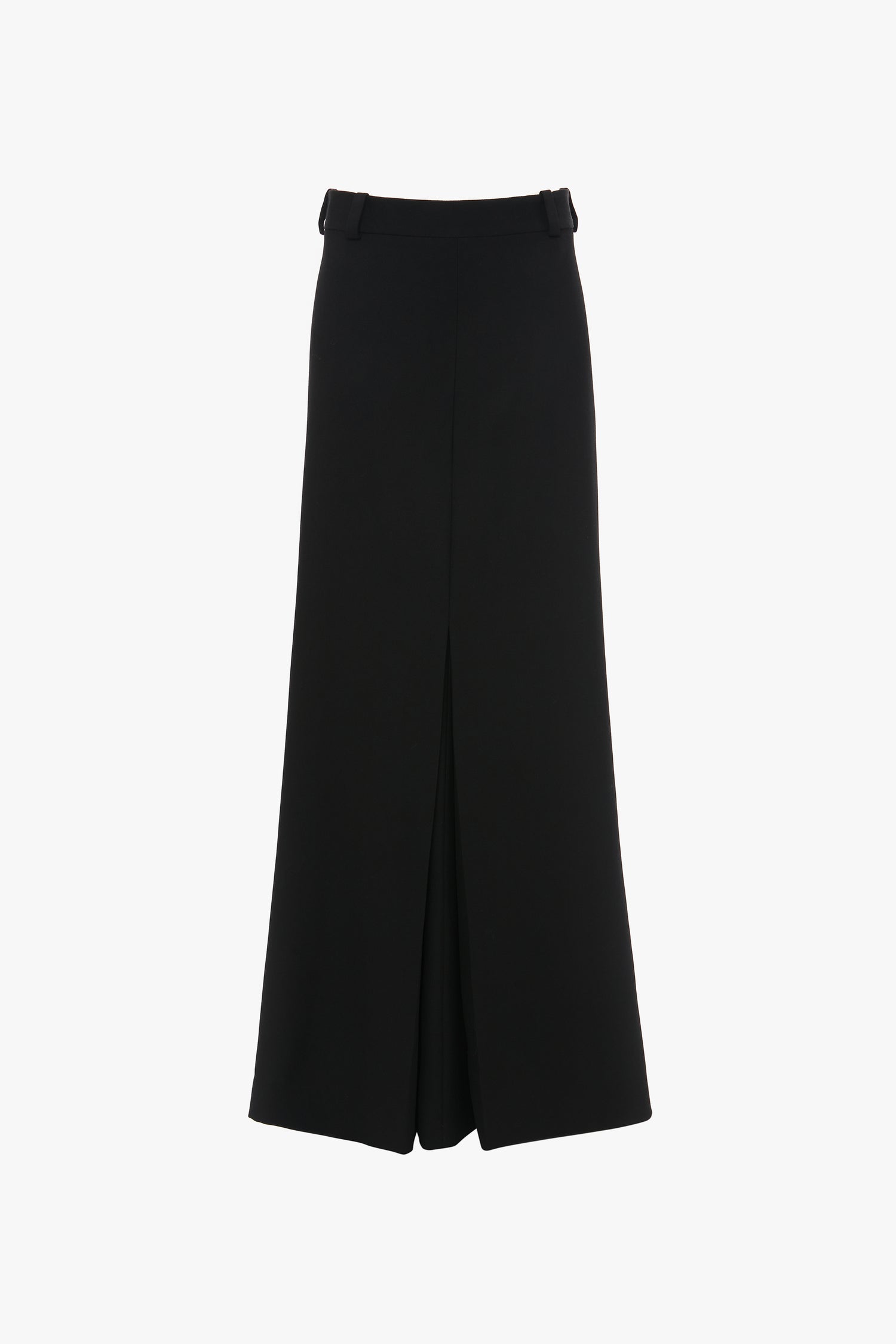 A long, black, high-waisted wool skirt with a front pleat and belt loops at the waist, this Floor-Length Box Pleat Skirt In Black by Victoria Beckham is perfect for any occasion.