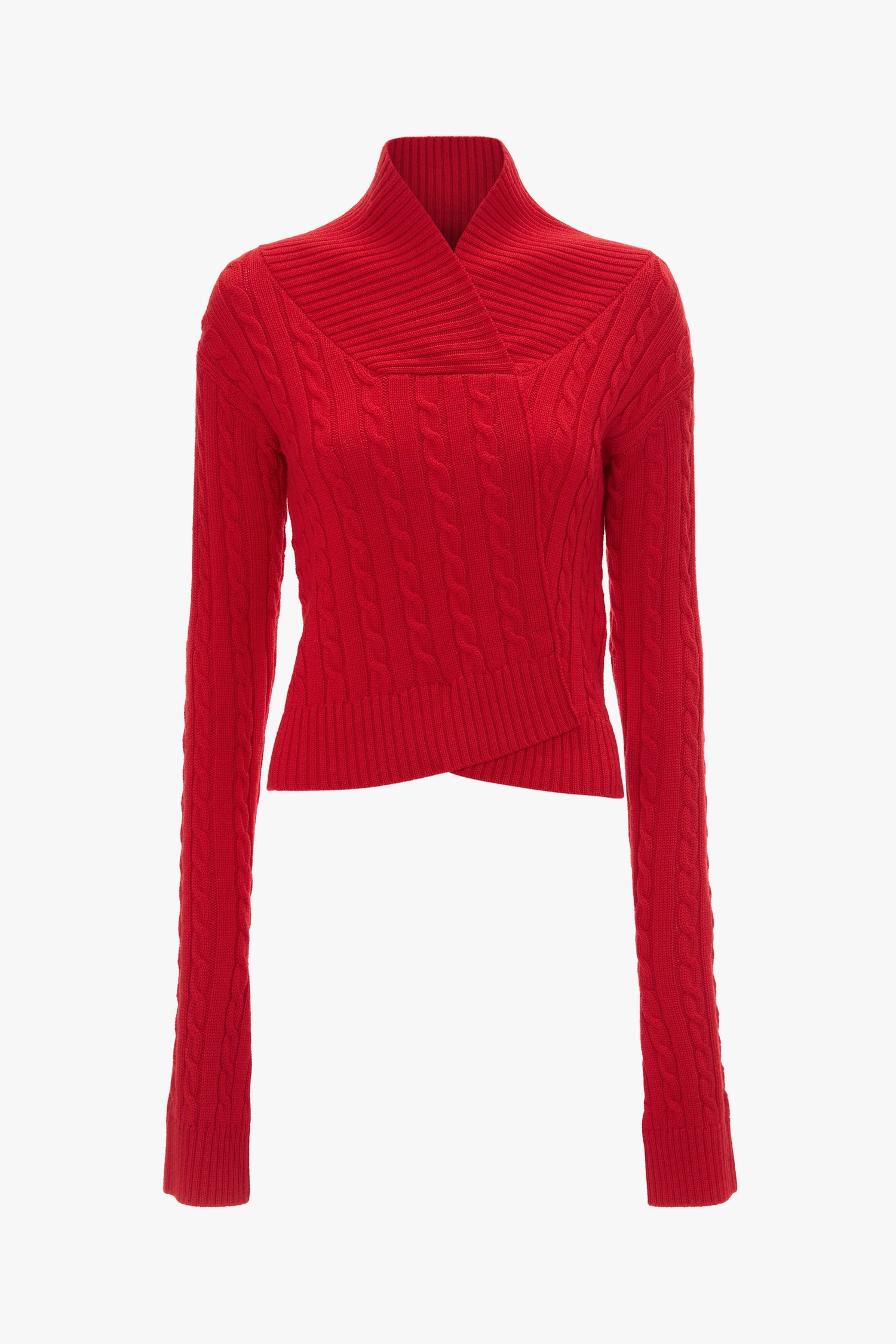 The Victoria Beckham brand presents the Wrap Detail Jumper In Red, crafted from soft merino wool. It features long sleeves and a wrap-style collar, perfectly showcased against a white background.