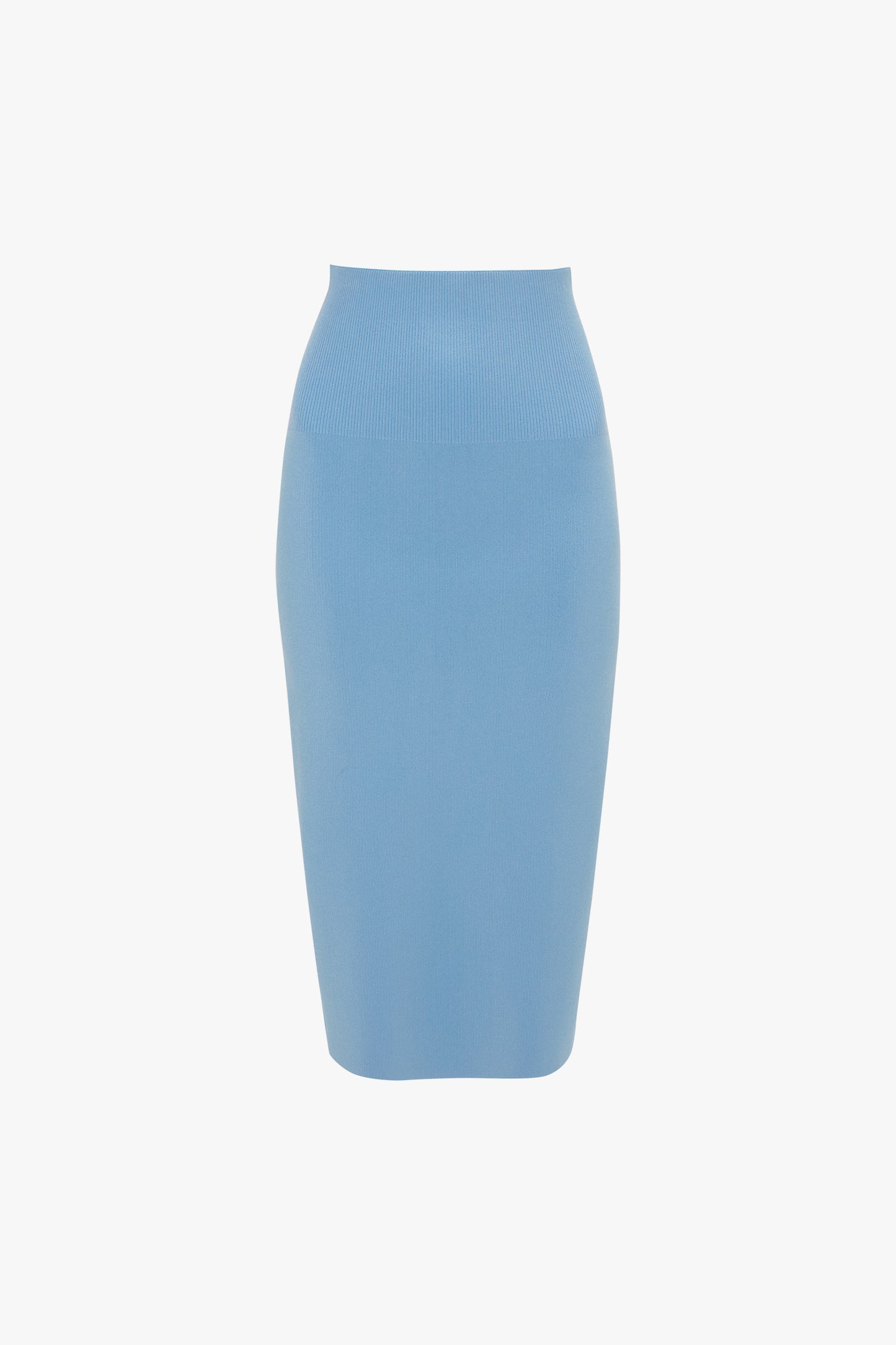 A light blue, high-waisted, knee-length pencil skirt on a white background exudes contemporary polish with its Fitted Midi Skirt In Marina by Victoria Beckham design and compact knit fabric.