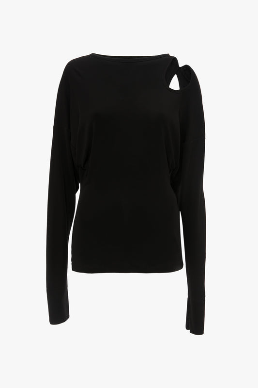 A Victoria Beckham Twist Detail Jersey Top In Black with cut-out teardrops at the shoulder, displayed against a white background.