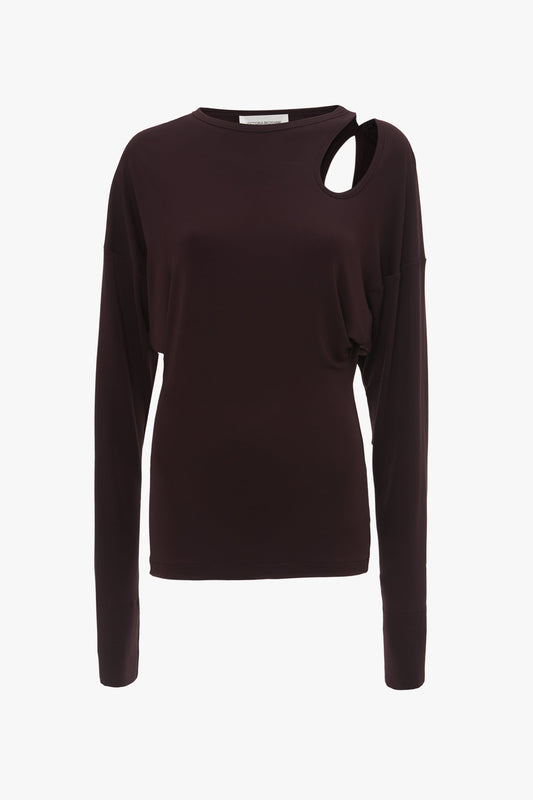 A dark maroon long-sleeve Twist Detail Jersey Top in Deep Mahogany by Victoria Beckham, displayed against a white background.