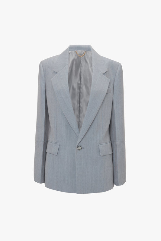 Light grey single-breasted Exclusive Sleeve Detail Patch Pocket Jacket In Marina by Victoria Beckham with a single button closure, notch lapels, two front flap pockets, contemporary detailing, and a lined interior.