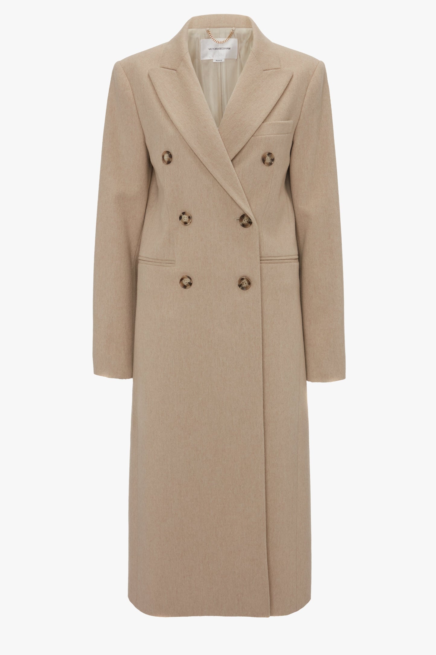 Beige wool-cashmere blend double-breasted overcoat with wide lapels and six buttons, displayed on a white background from Victoria Beckham.