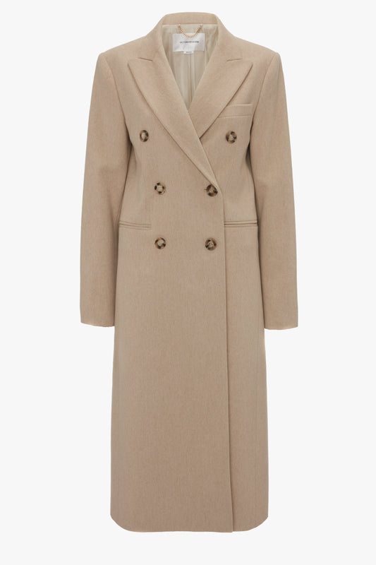 Beige wool-cashmere blend double-breasted overcoat with wide lapels and six buttons, displayed on a white background from Victoria Beckham.