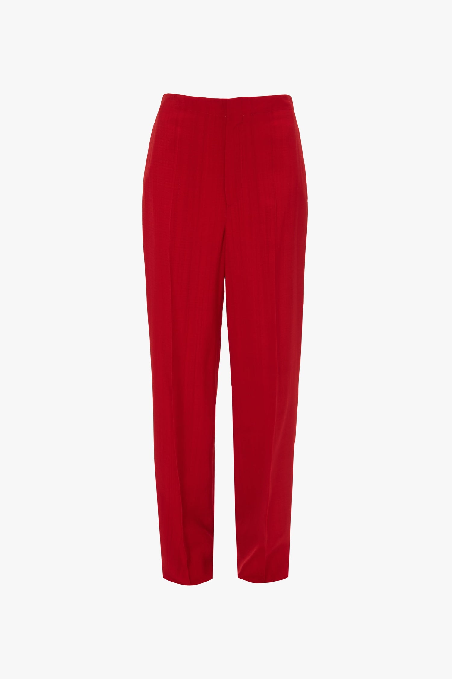 Tapered Leg Trouser In Carmine with a high waist and tailored fit, showcasing traditional tailoring for a lean silhouette by Victoria Beckham, shown against a white background.