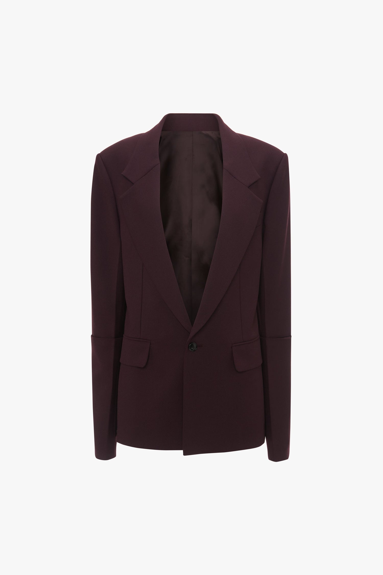 A Sleeve Detail Patch Pocket Jacket In Deep Mahogany with a single button closure, notched lapels, and long sleeves is displayed against a white background. Crafted from recycled wool, this Victoria Beckham contemporary flair jacket adds a modern touch to any ensemble.
