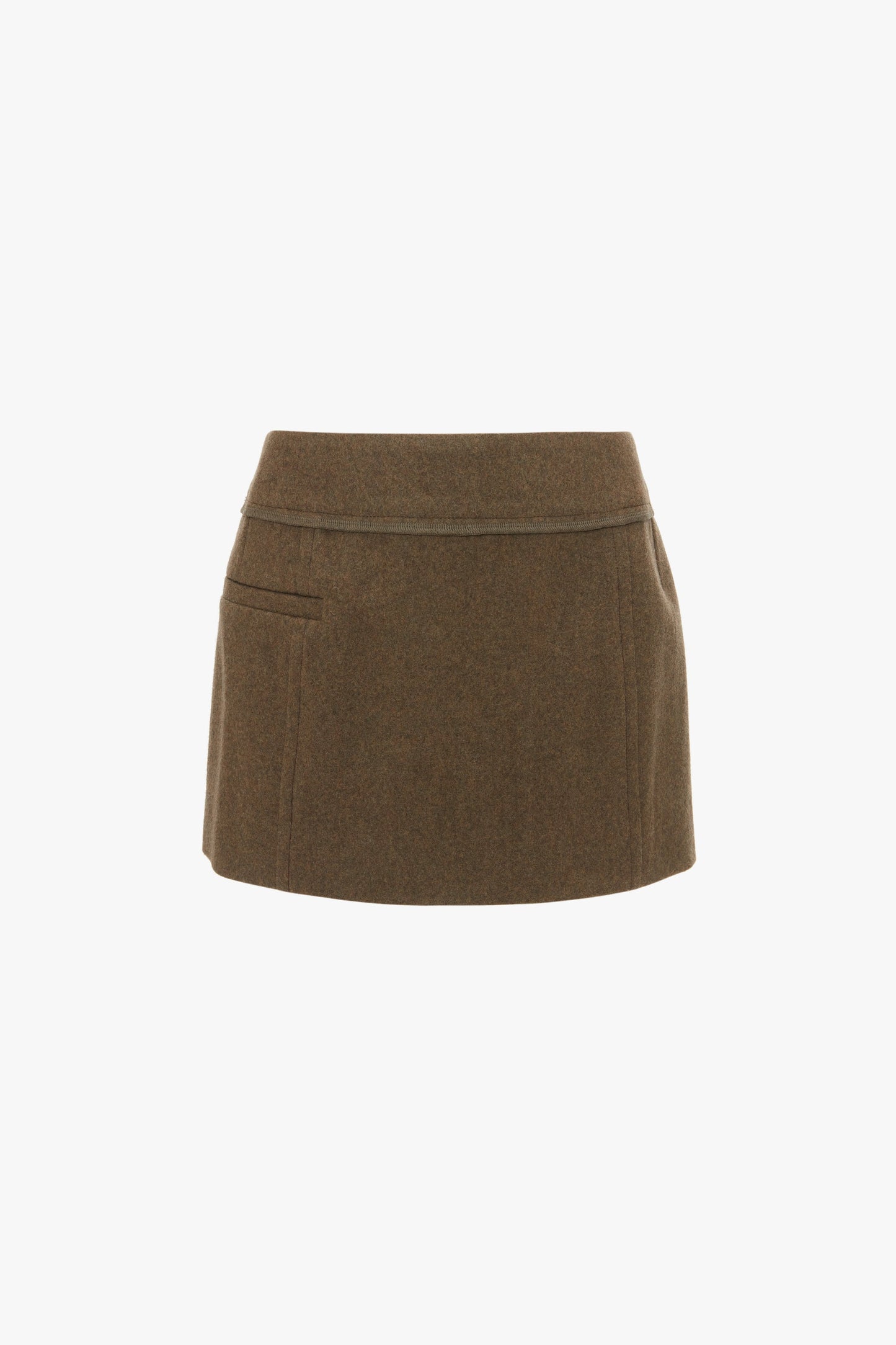A Victoria Beckham Tailored Mini Skirt In Khaki, in luxurious brown merino wool, featuring a single side pocket and a seam near the waistband, displayed against a plain white background.