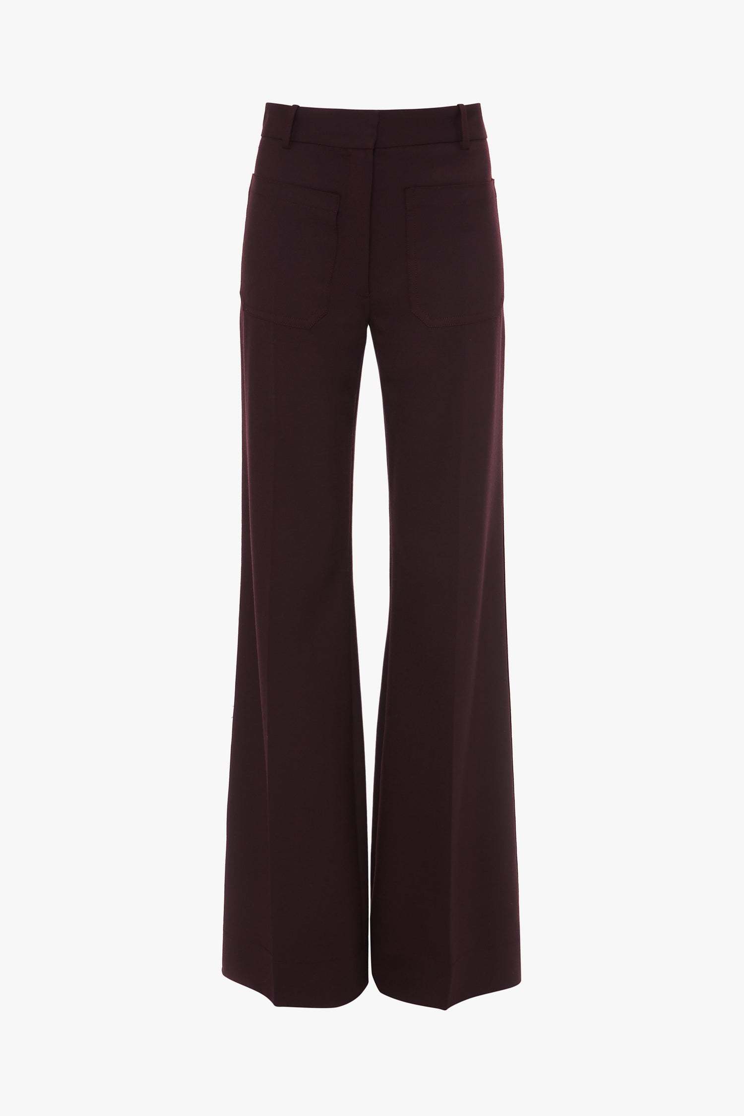 Back view of a pair of dark brown flared trousers with a super-high waist and two back pockets, crafted from recycled wool, on a plain white background. The Alina Trouser In Deep Mahogany by Victoria Beckham.