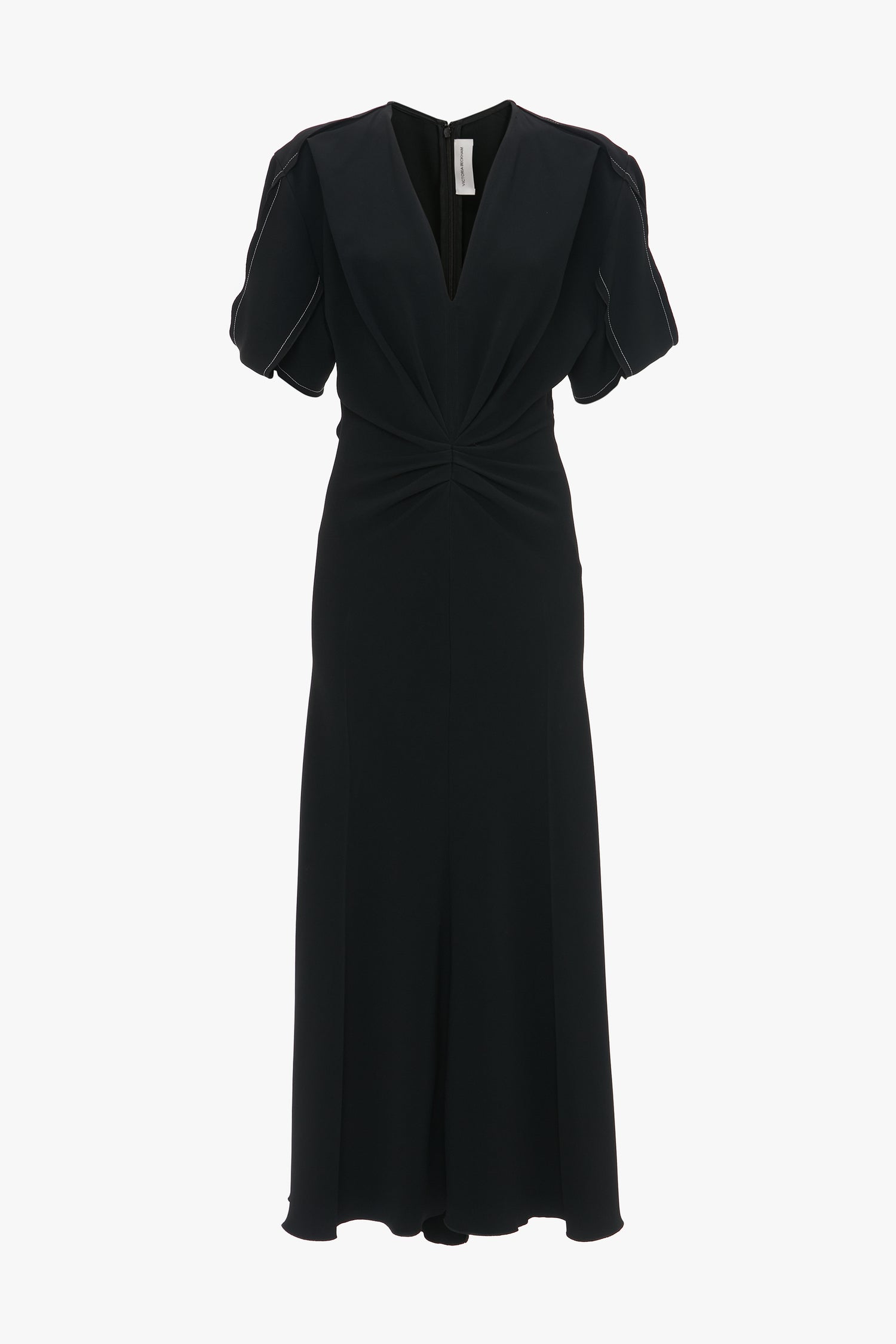 Victoria Beckham Gathered V-Neck Midi Dress in Black featuring short puff sleeves, V-neckline, and gathered waist detail in figure-flattering stretch fabric, isolated on a white background.