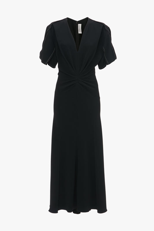 Gathered V-Neck Midi Dress in Black