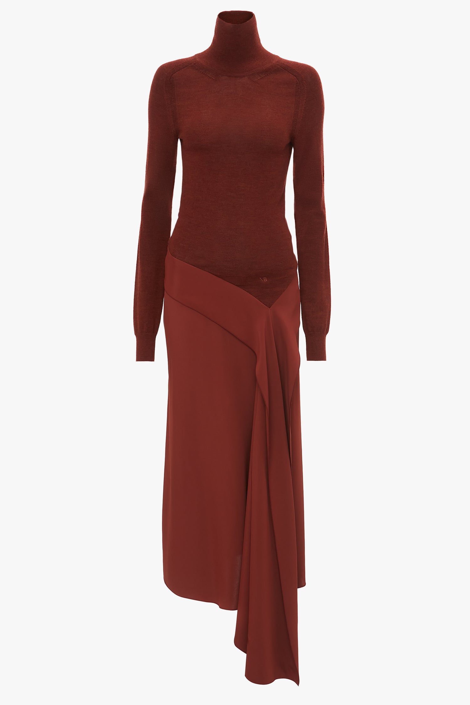 A fitted **High Neck Tie Detail Dress In Russet** by **Victoria Beckham**, reminiscent of Victoria Beckham's stylish midi dresses.