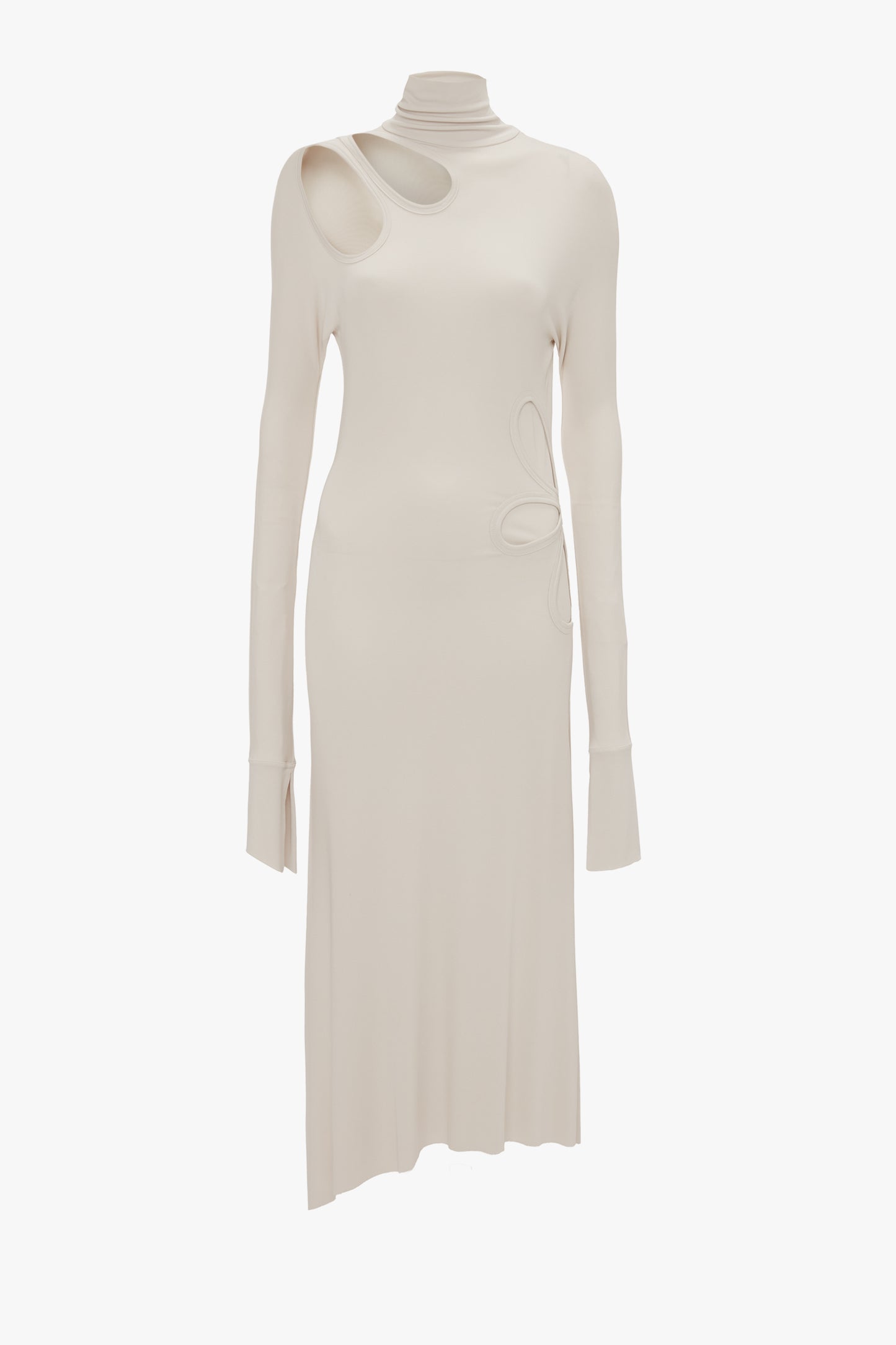 Long-sleeved, knee-length cream Long Sleeve Cut-Out Jersey Midi Dress In Bone by Victoria Beckham in liquid crepe jersey with asymmetric cutouts and high neckline, featuring decorative stitching on the front.