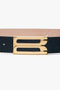 A close-up view of the Victoria Beckham Jumbo Frame Belt In Midnight Blue Croc Embossed Calf Leather with a gold geometric buckle.