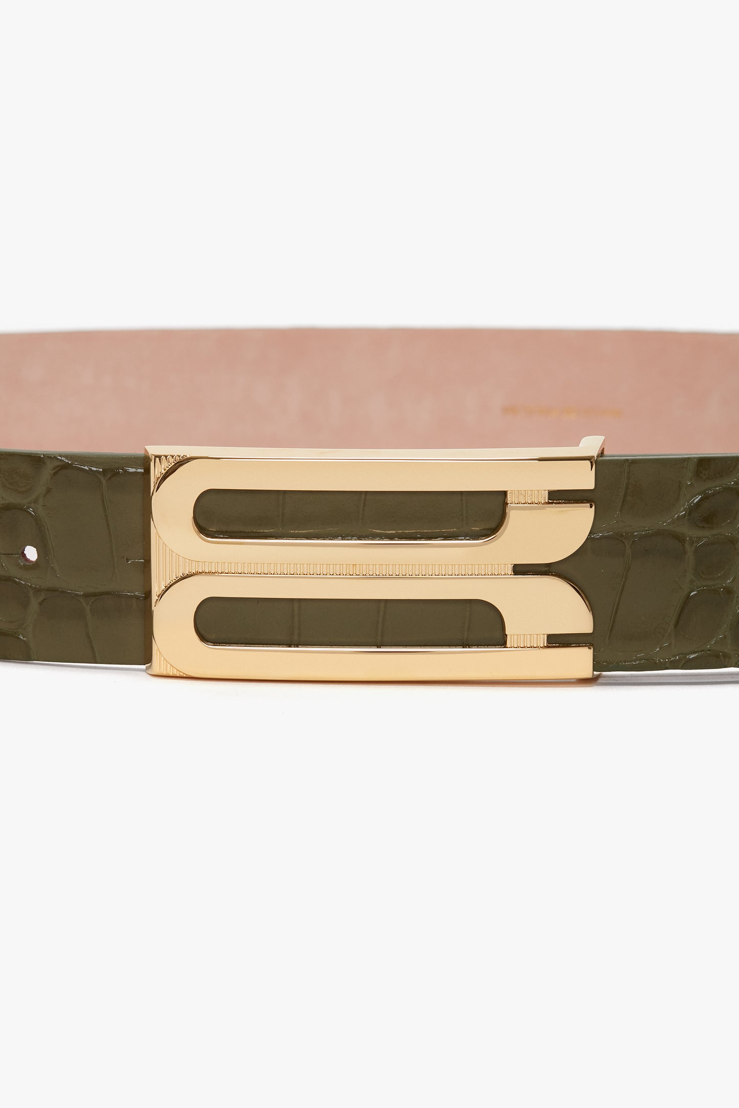 An Exclusive Jumbo Frame Belt In Khaki Croc Embossed Calf Leather from Victoria Beckham features luxury gold hardware and a double buckle.