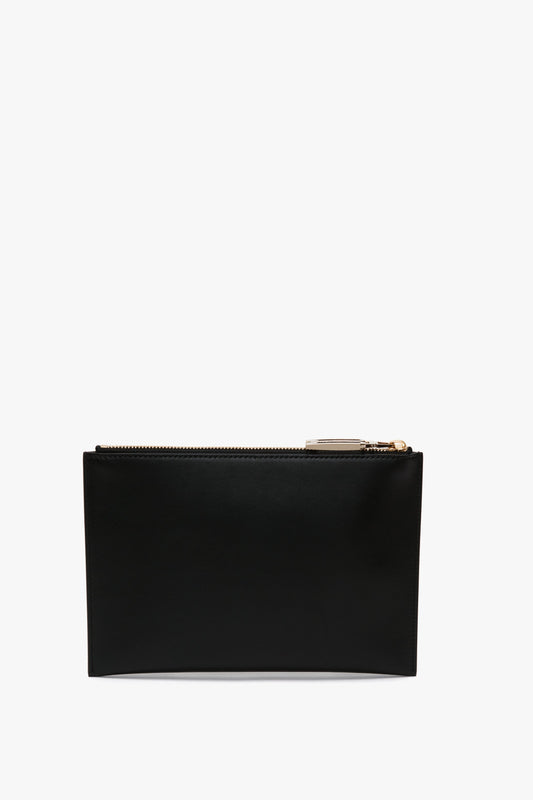 Victoria Beckham B Frame Pochette in black calf leather with a gold zipper, photographed against a white background.