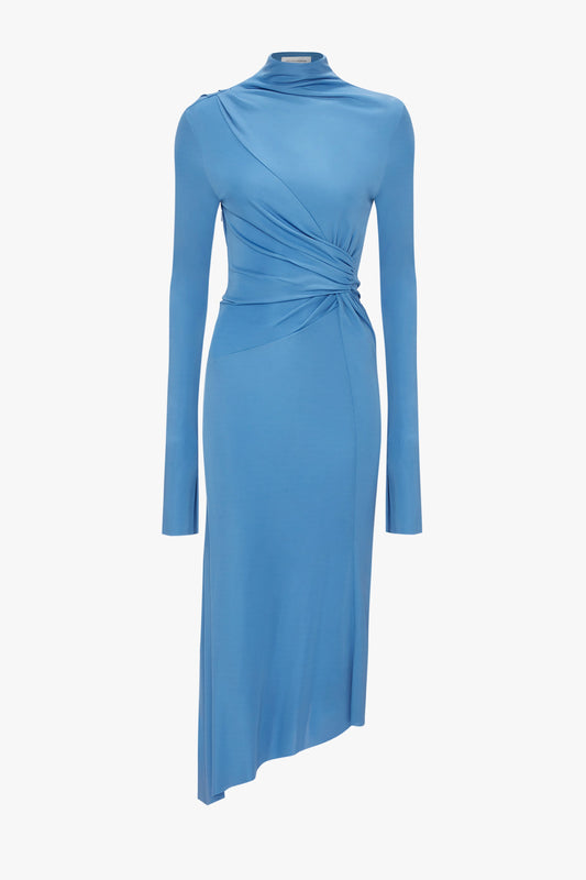 High Neck Asymmetric Draped Dress In Oxford Blue by Victoria Beckham, displayed on a white background.