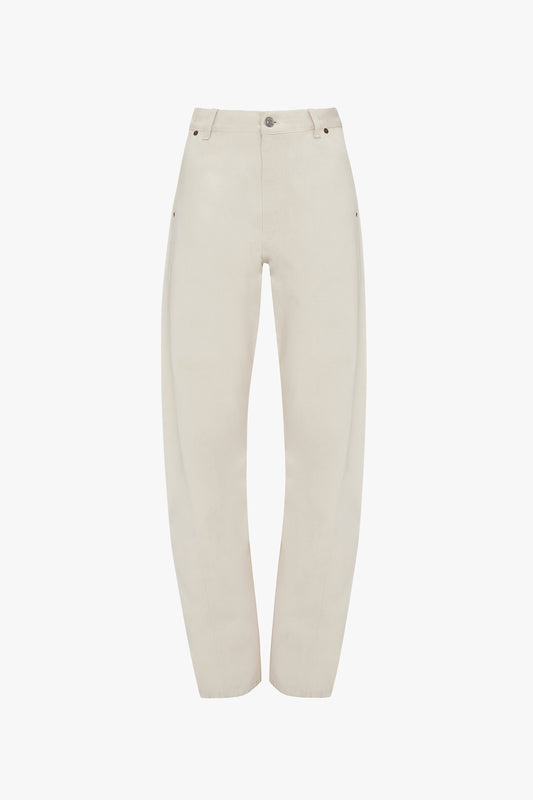 A pair of Victoria Beckham Relaxed Fit Low-Rise Jean in Ecru with a button and zipper closure, two front pockets, and two back pockets, crafted from breathable cotton for a modern silhouette.