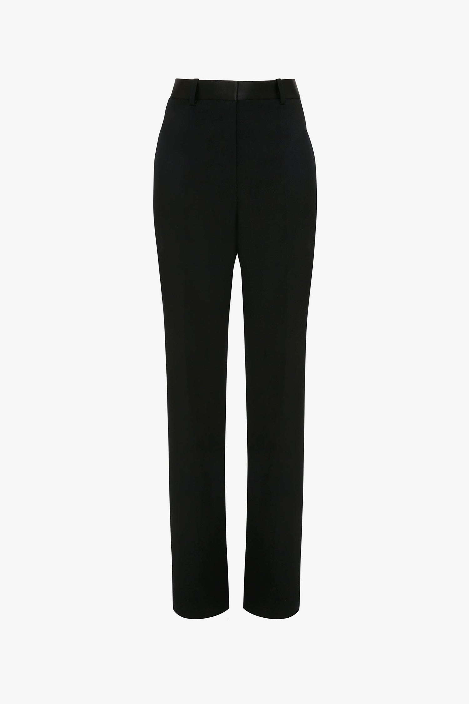 A pair of Victoria Beckham Satin Panel Straight Leg Trouser with straight legs, belt loops, and a flat front, displayed against a plain white background.