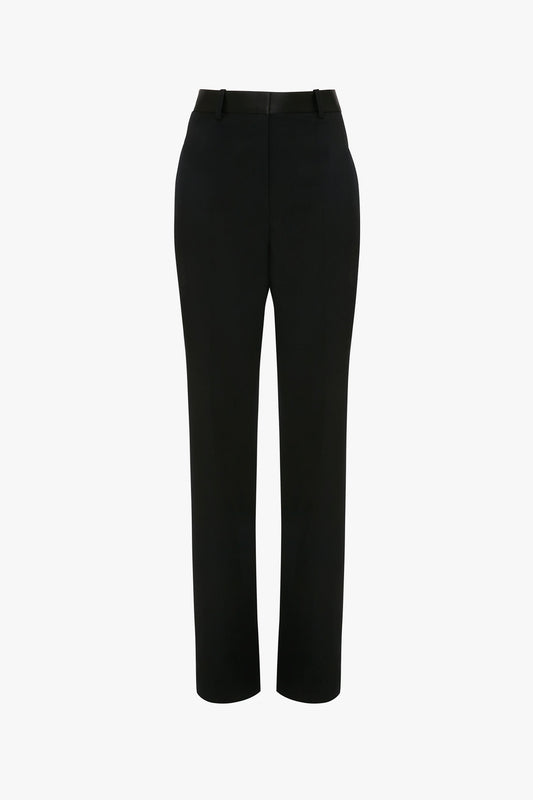 A pair of Victoria Beckham Satin Panel Straight Leg Trouser with straight legs, belt loops, and a flat front, displayed against a plain white background.