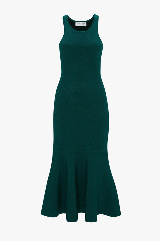 A sleeveless, dark green VB Body Sleeveless Dress In Lurex Green by Victoria Beckham featuring a fitted top and a flared silhouette—a perfect addition to your new-season wardrobe.