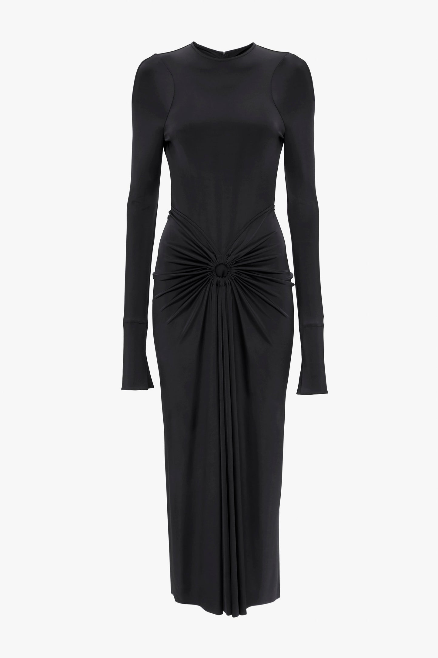 Long Sleeve Gathered Midi Dress In Black