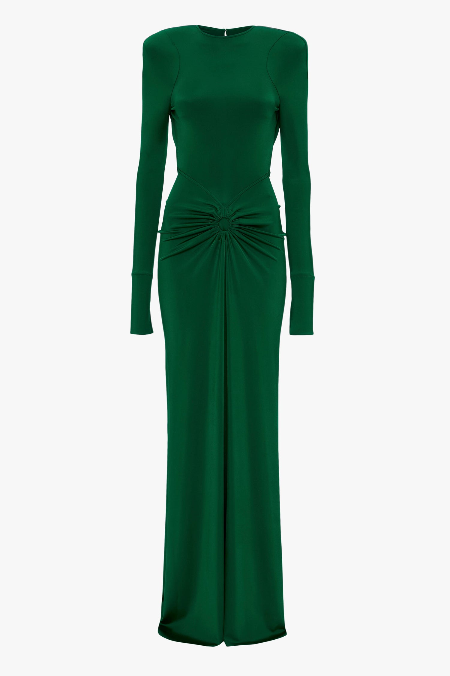 A long-sleeved, floor-length, emerald green Circle Detail Open Back Gown In Emerald by Victoria Beckham with shoulder pads, a body-sculpting jersey fabric, cinched waist, and central knotted detail.
