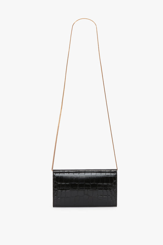 Wallet On Chain In Black Croc-Effect Leather