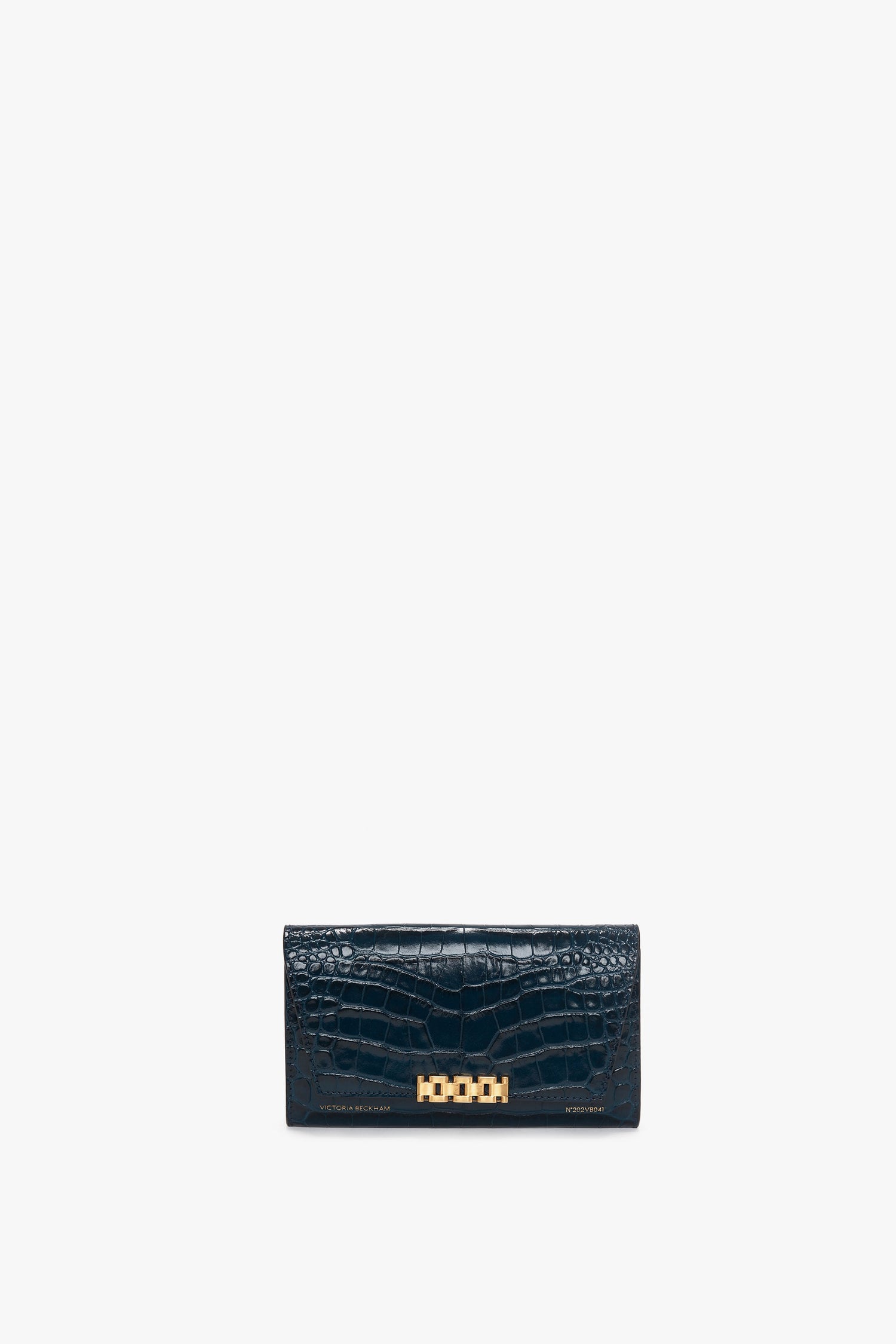 Wallet On Chain In Midnight Croc-Effect Leather with a gold rectangular clasp, reminiscent of Victoria Beckham's sophisticated style, set against a plain white background.