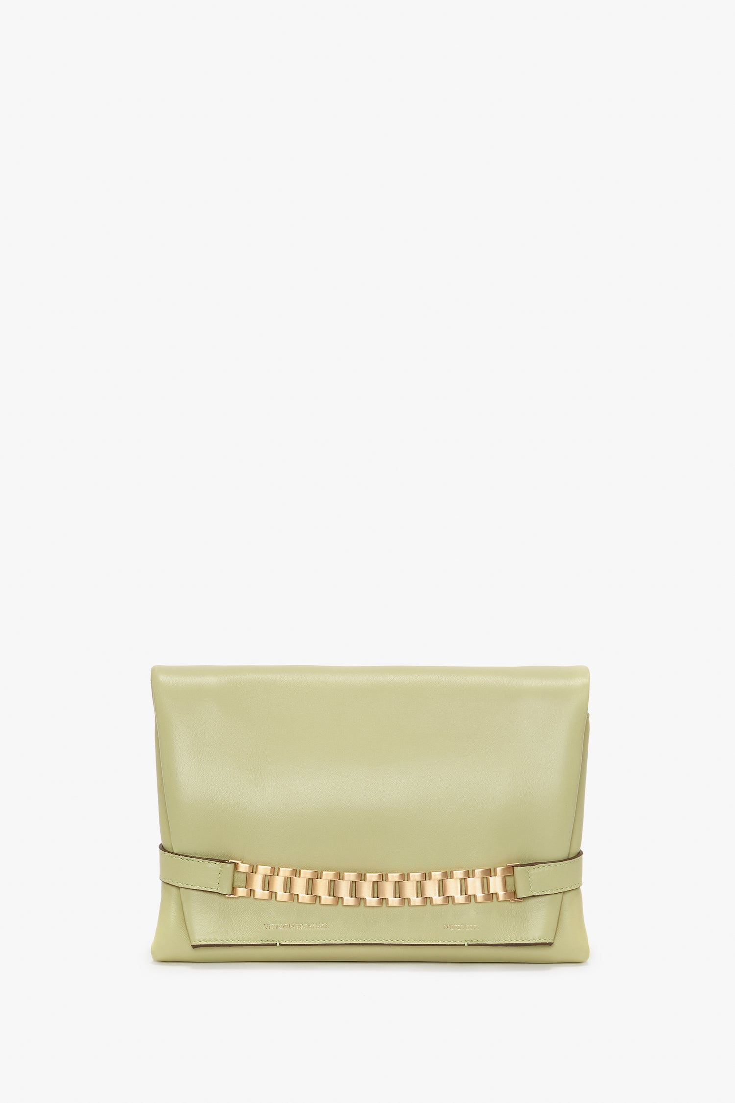 Introducing Victoria Beckham's Chain Pouch Bag With Strap In Avocado Leather, featuring a gold chain detail on the front.