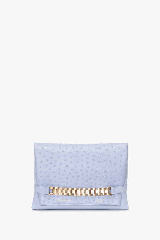 A light blue clutch purse with an embossed ostrich-effect leather pattern and a gold zipper detail. The Chain Pouch With Strap In Frost Ostrich-Effect Leather by Victoria Beckham, featuring a gold chain detail, is photographed against a plain white background.