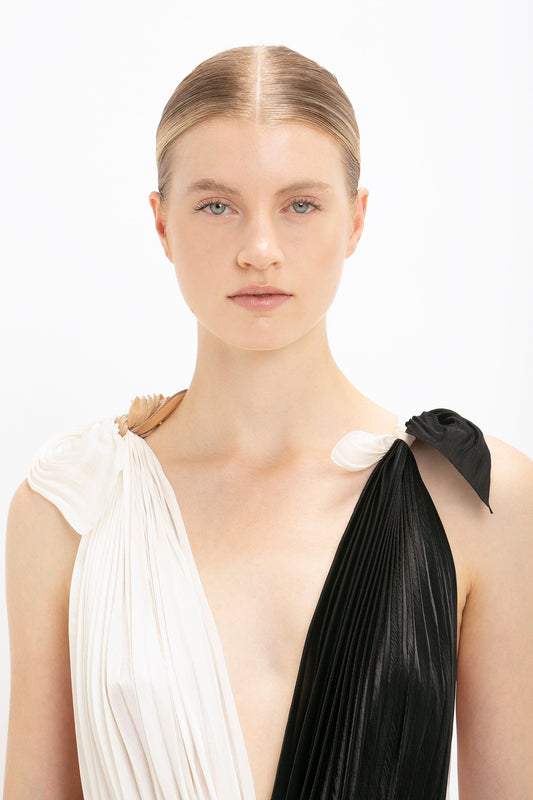Asymmetric Pleated V-Neck Dress In Ivory-Multi
