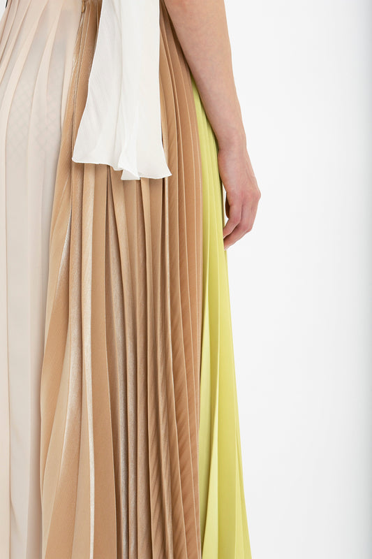 Asymmetric Pleated V-Neck Dress In Ivory-Multi