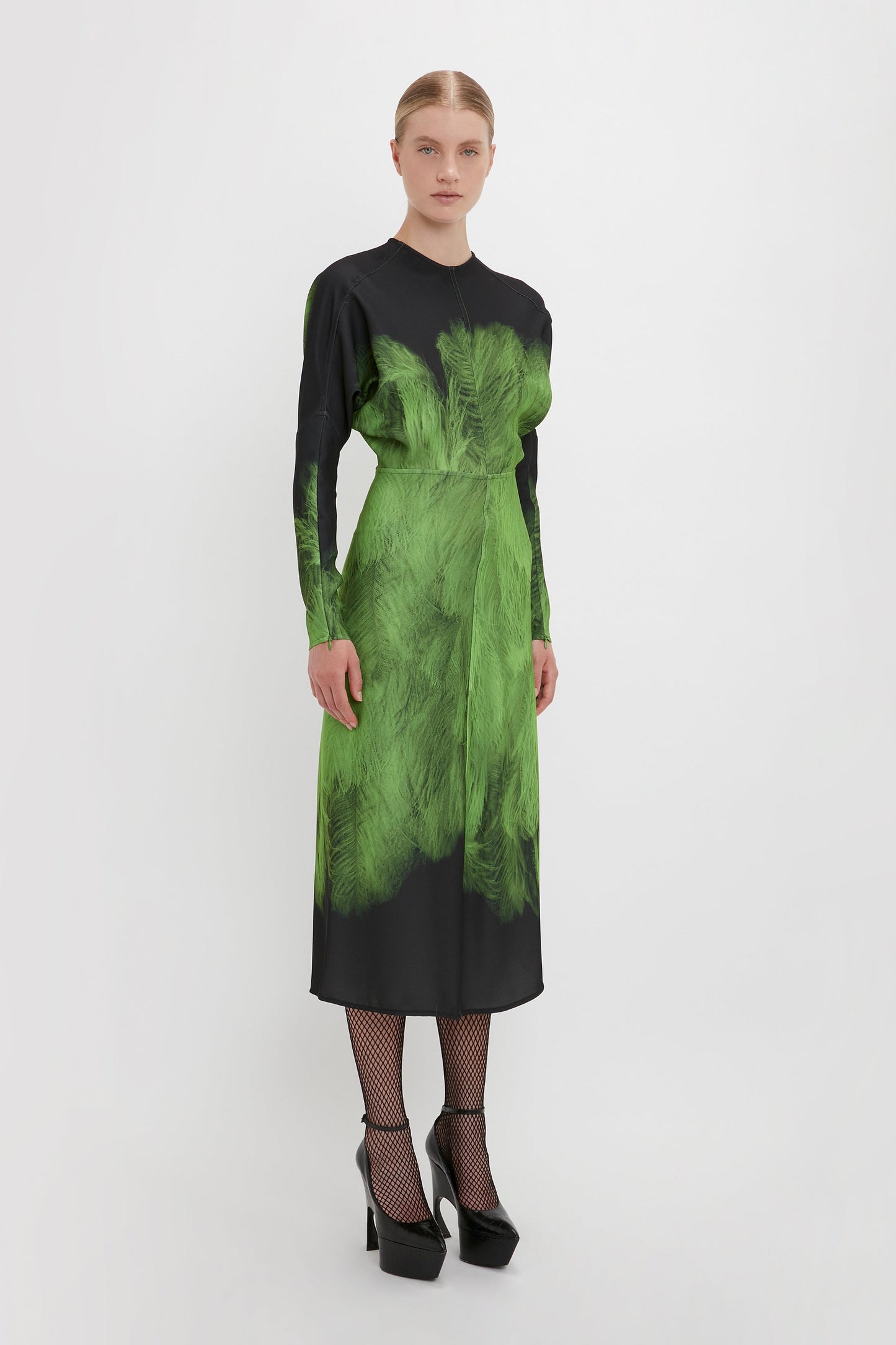 Dolman Midi Dress In Green Digital Feather Print