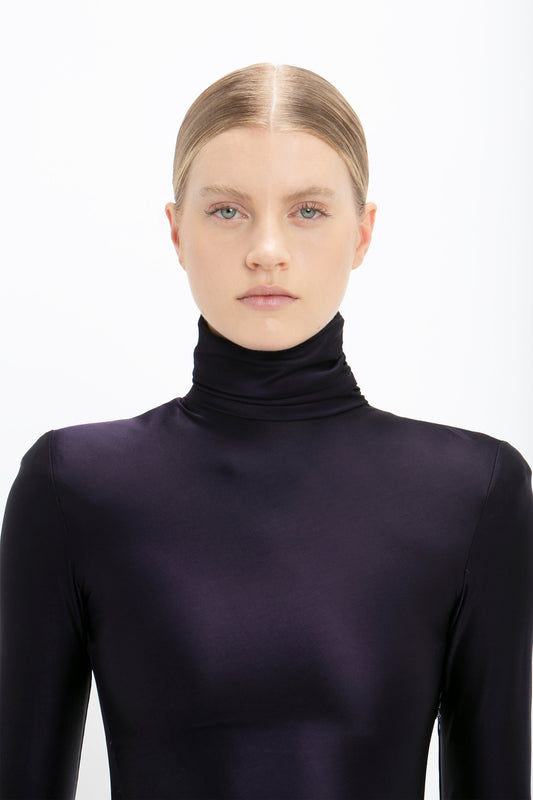 Long Sleeve High Neck Jersey Dress In Blackberry