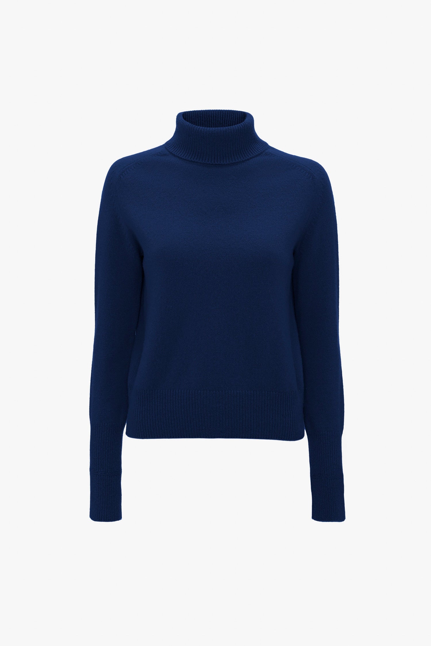 A plain, navy blue Polo Neck Jumper In Navy by Victoria Beckham with a lambswool polo neck and long sleeves, set against a white background.