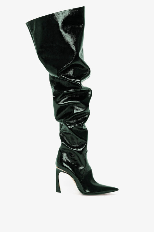 Thigh High Pointy Boot in Dark Green Grained Patent